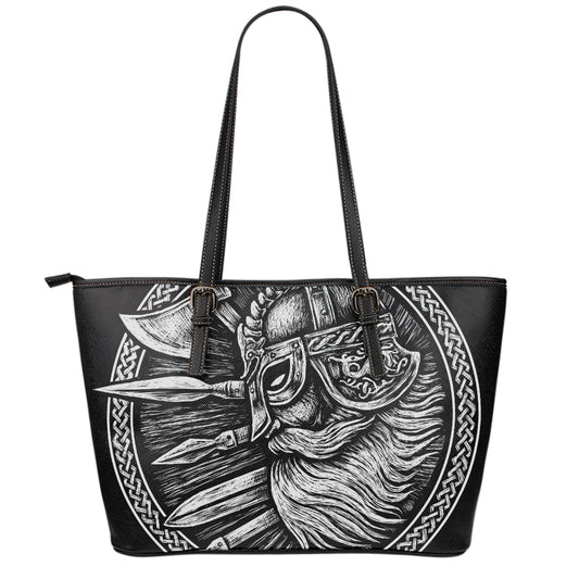 Black And White Viking God Odin Print Leather Tote Bag