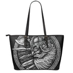 Black And White Viking God Odin Print Leather Tote Bag