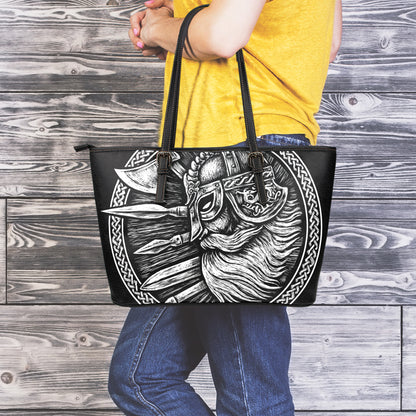 Black And White Viking God Odin Print Leather Tote Bag