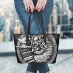 Black And White Viking God Odin Print Leather Tote Bag