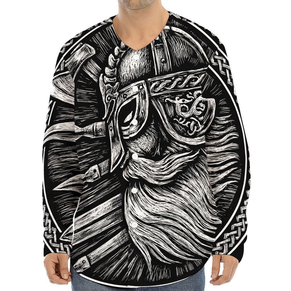 Black And White Viking God Odin Print Long Sleeve Baseball Jersey