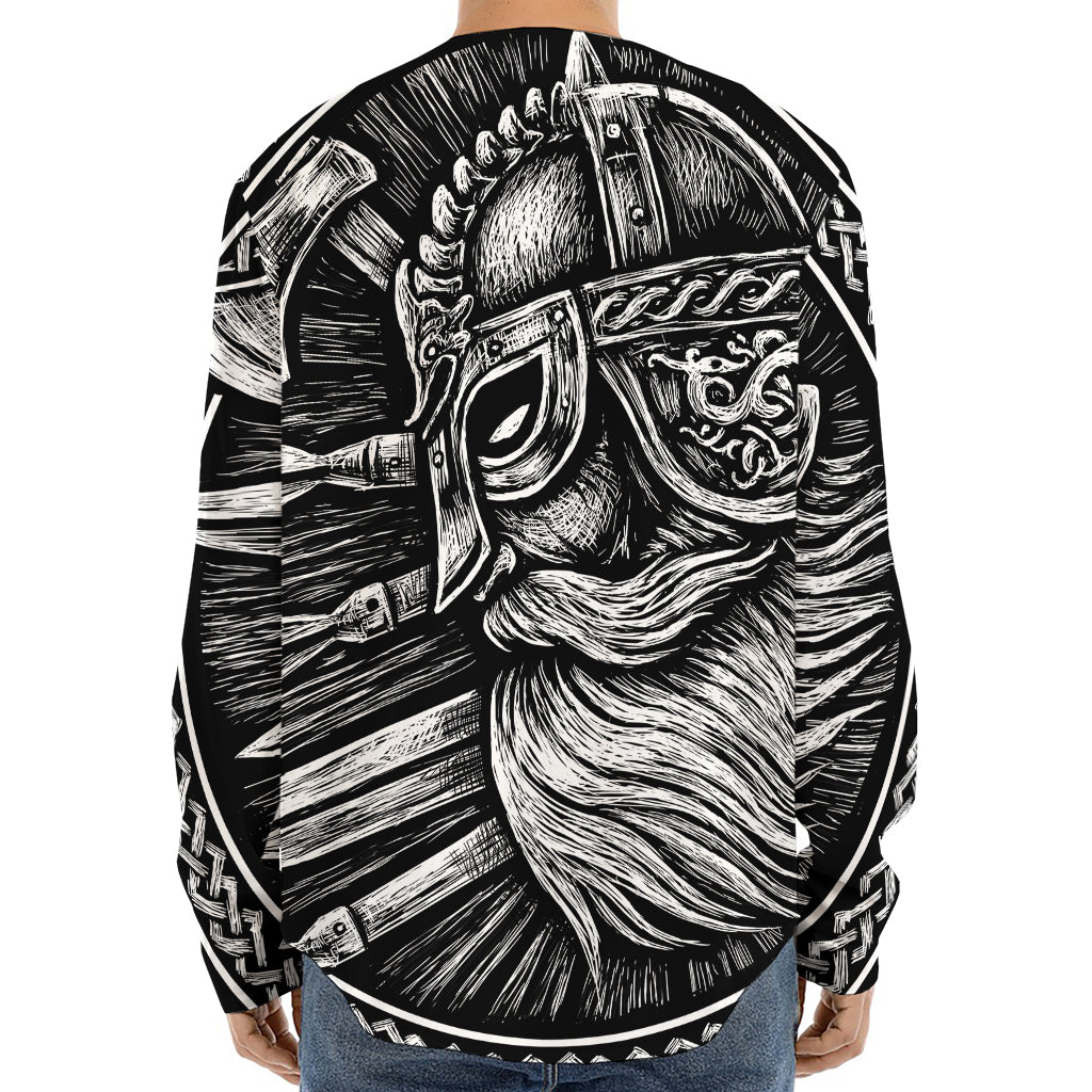 Black And White Viking God Odin Print Long Sleeve Baseball Jersey