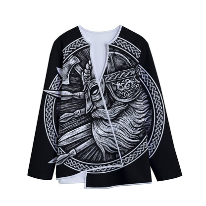 Black And White Viking God Odin Print Long Sleeve Short Coat