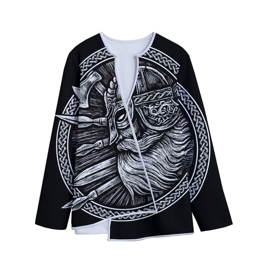 Black And White Viking God Odin Print Long Sleeve Short Coat