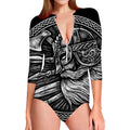 Black And White Viking God Odin Print Long Sleeve Swimsuit