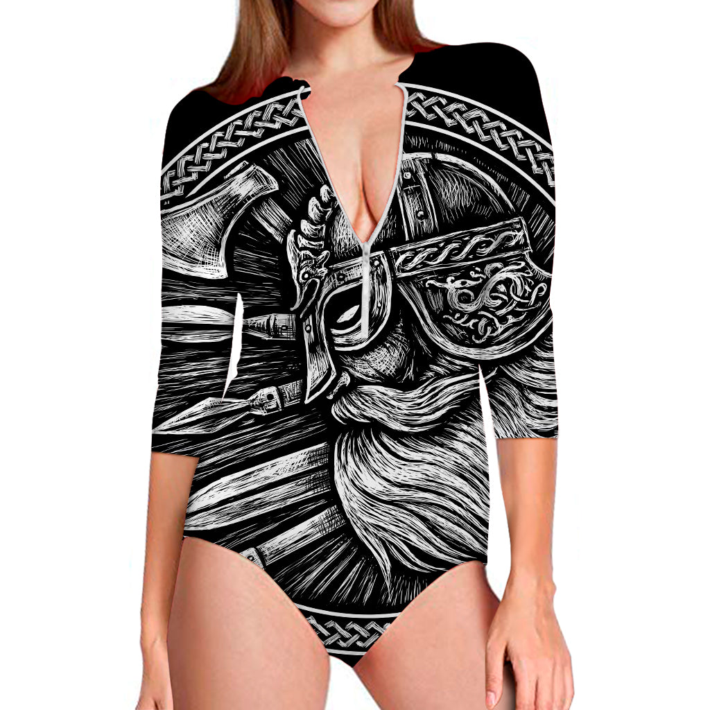 Black And White Viking God Odin Print Long Sleeve Swimsuit