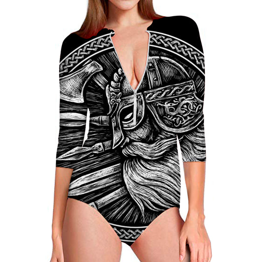Black And White Viking God Odin Print Long Sleeve Swimsuit