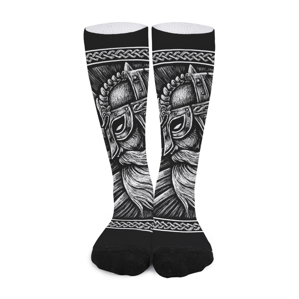 Black And White Viking God Odin Print Long Socks