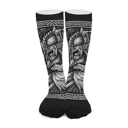 Black And White Viking God Odin Print Long Socks