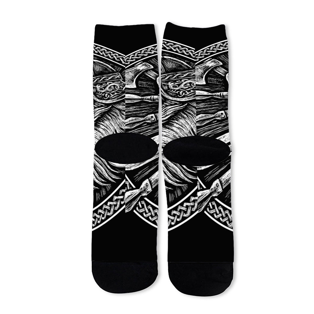 Black And White Viking God Odin Print Long Socks