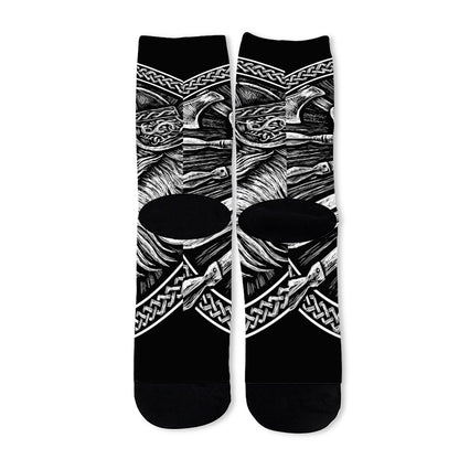 Black And White Viking God Odin Print Long Socks