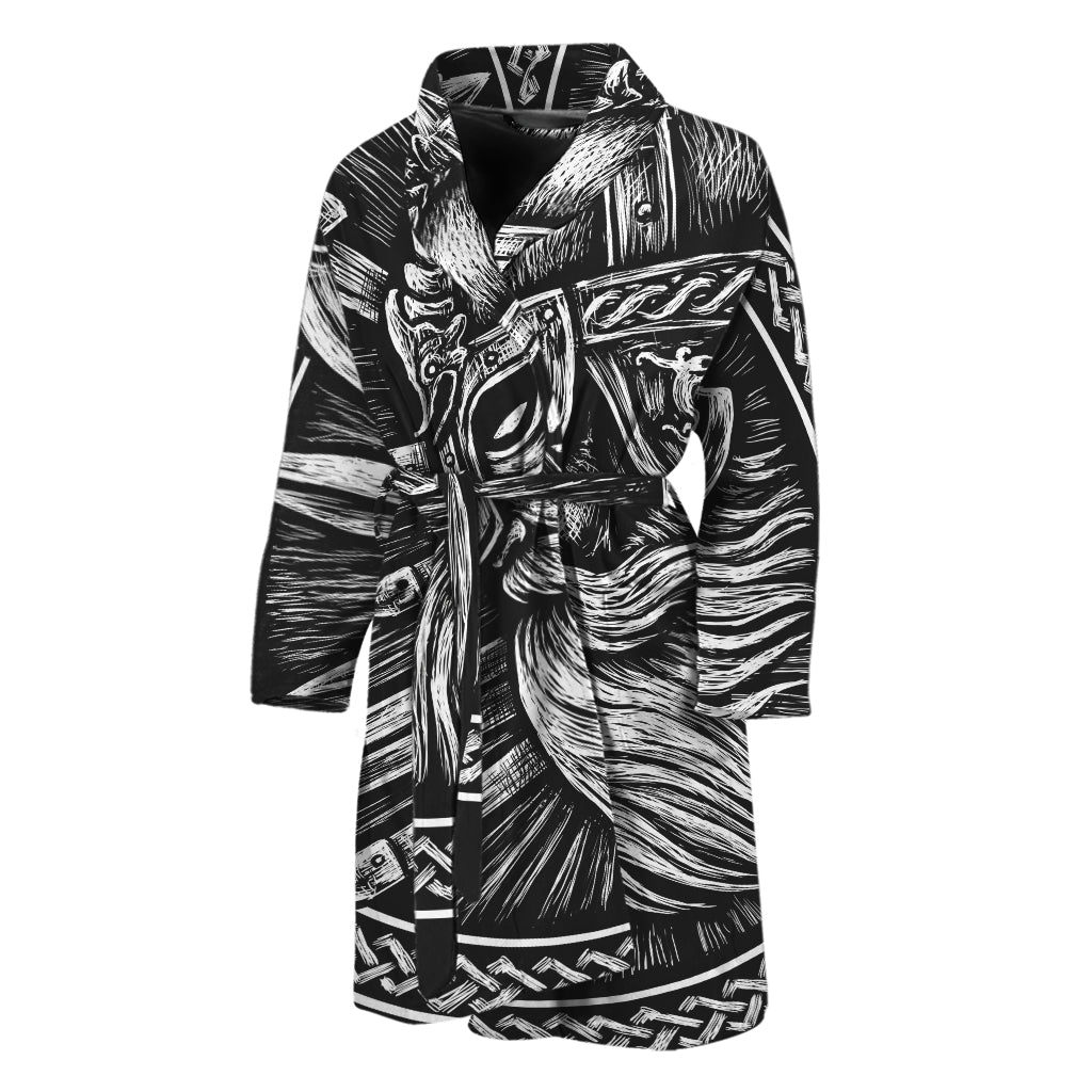 Black And White Viking God Odin Print Men's Bathrobe