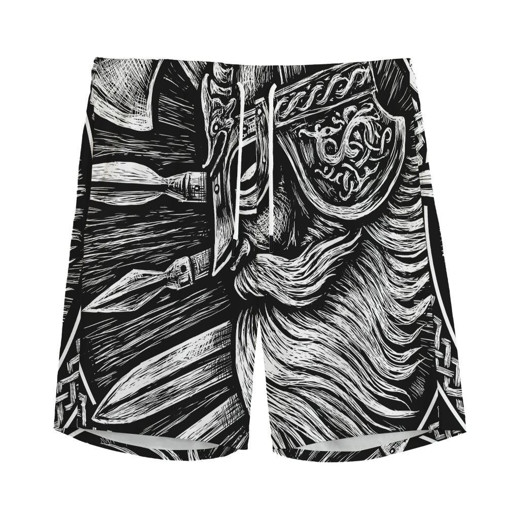 Black And White Viking God Odin Print Men's Sports Shorts