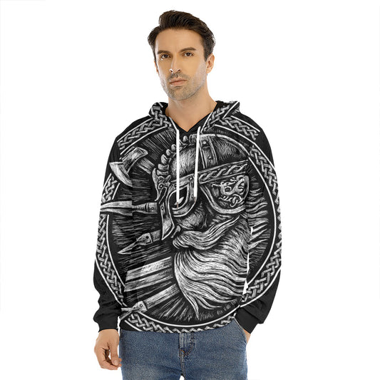 Black And White Viking God Odin Print Men's Velvet Pullover Hoodie