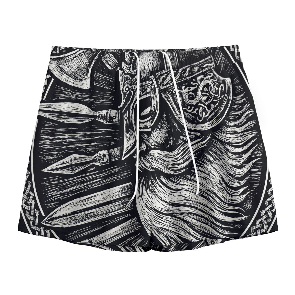 Black And White Viking God Odin Print Mesh Shorts