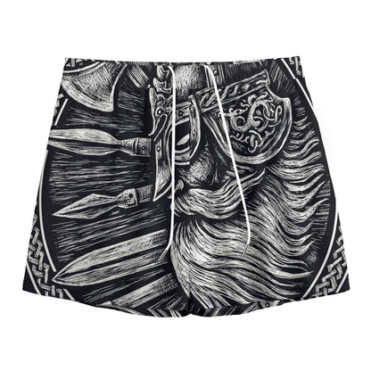 Black And White Viking God Odin Print Mesh Shorts