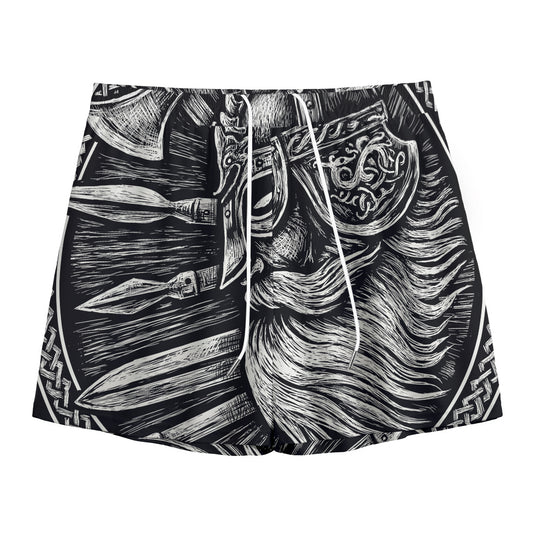Black And White Viking God Odin Print Mesh Shorts