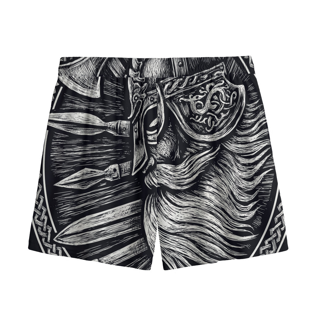 Black And White Viking God Odin Print Mesh Shorts