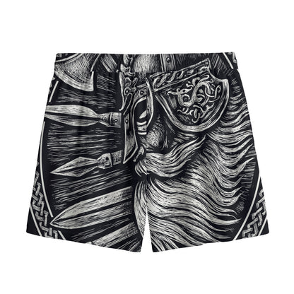 Black And White Viking God Odin Print Mesh Shorts