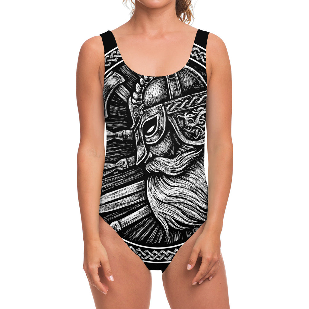 Black And White Viking God Odin Print One Piece Swimsuit