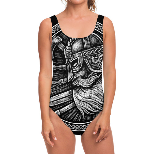 Black And White Viking God Odin Print One Piece Swimsuit