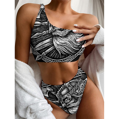 Black And White Viking God Odin Print One Shoulder Bikini Top