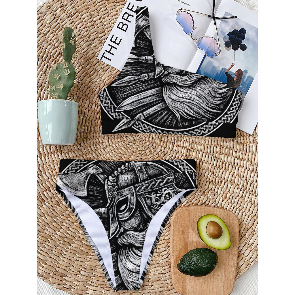 Black And White Viking God Odin Print One Shoulder Bikini Top