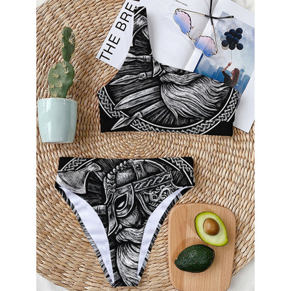 Black And White Viking God Odin Print One Shoulder Bikini Top