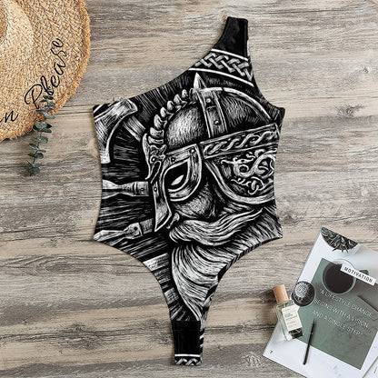 Black And White Viking God Odin Print One Shoulder Bodysuit