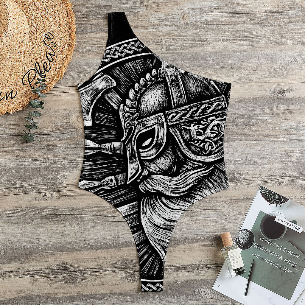 Black And White Viking God Odin Print One Shoulder Bodysuit