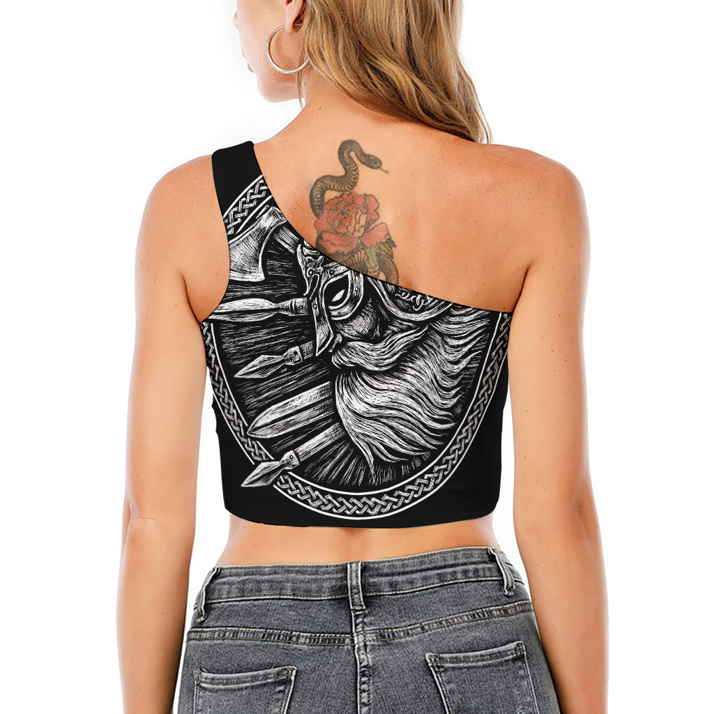 Black And White Viking God Odin Print One Shoulder Crop Top