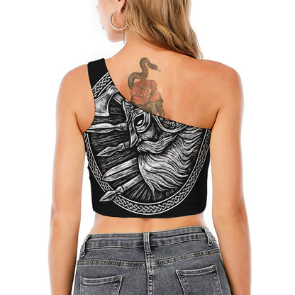 Black And White Viking God Odin Print One Shoulder Crop Top