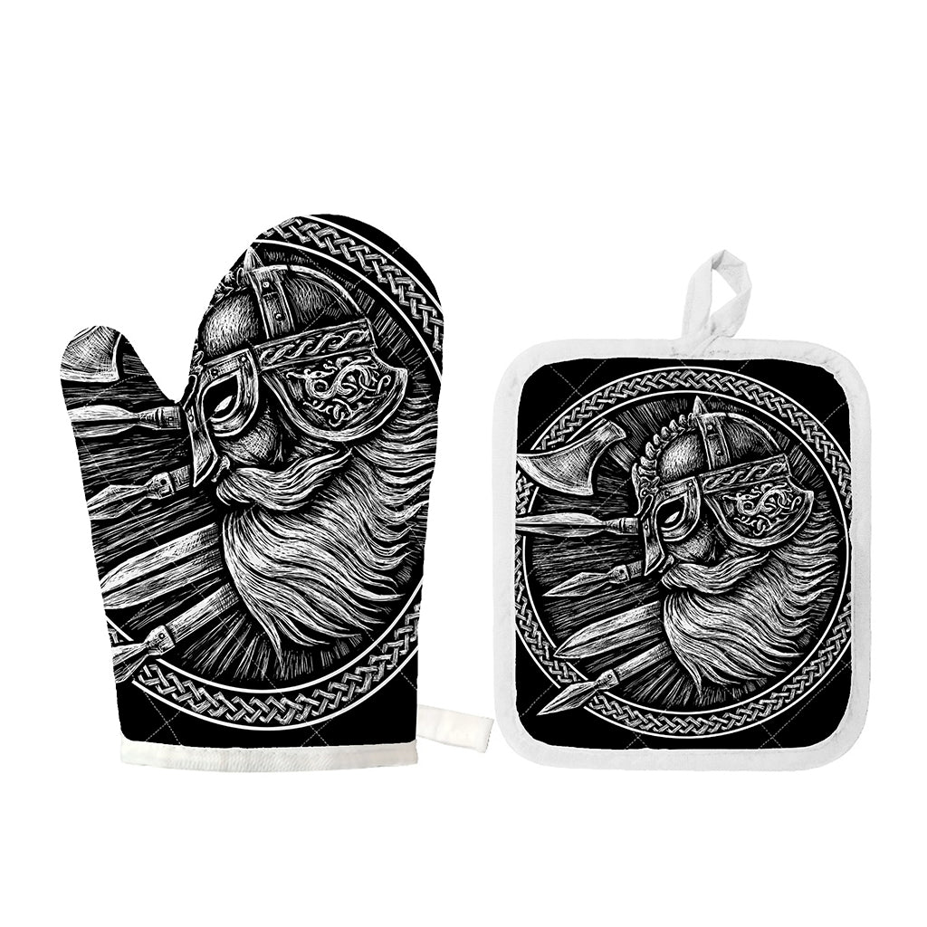Black And White Viking God Odin Print Oven Mitt And Pot Holder Set