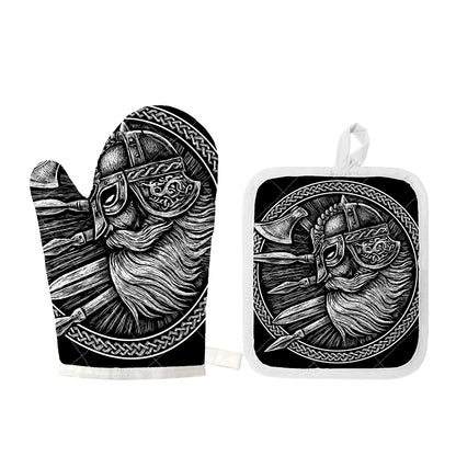 Black And White Viking God Odin Print Oven Mitt And Pot Holder Set