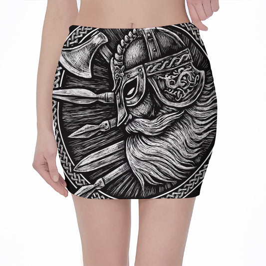 Black And White Viking God Odin Print Pencil Mini Skirt