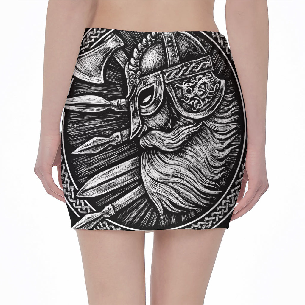 Black And White Viking God Odin Print Pencil Mini Skirt
