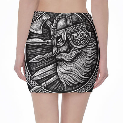 Black And White Viking God Odin Print Pencil Mini Skirt