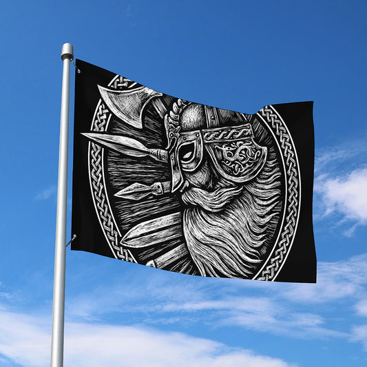 Black And White Viking God Odin Print Polyester Flag