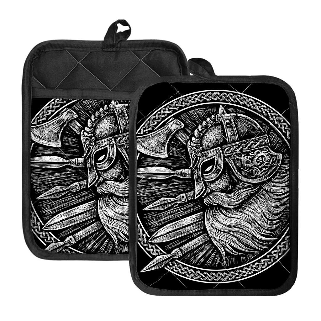 Black And White Viking God Odin Print Pot Holders With Pocket