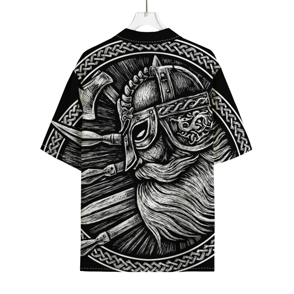 Black And White Viking God Odin Print Rayon Hawaiian Shirt