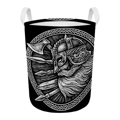Black And White Viking God Odin Print Round Laundry Basket