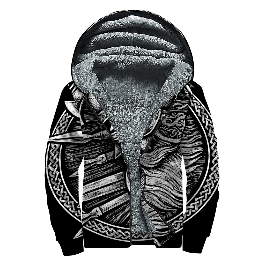 Black And White Viking God Odin Print Sherpa Lined Zip Up Hoodie