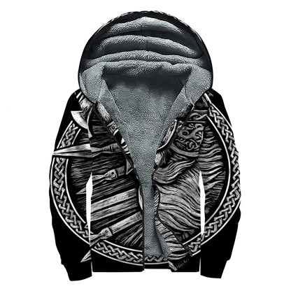 Black And White Viking God Odin Print Sherpa Lined Zip Up Hoodie