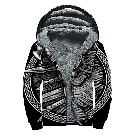 Black And White Viking God Odin Print Sherpa Lined Zip Up Hoodie