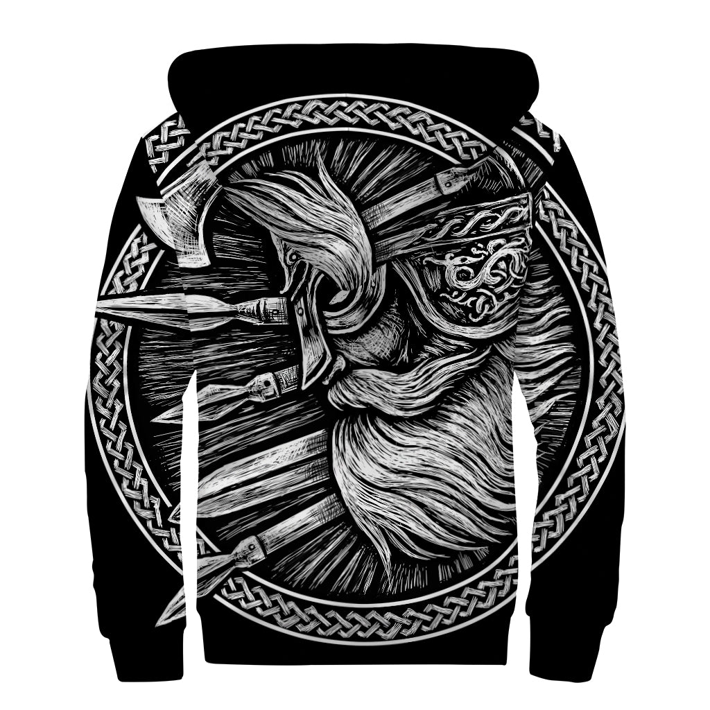 Black And White Viking God Odin Print Sherpa Lined Zip Up Hoodie