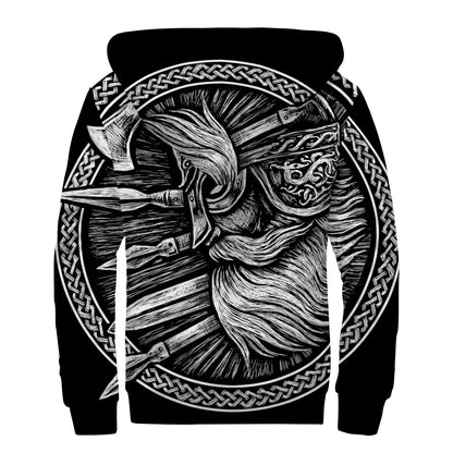 Black And White Viking God Odin Print Sherpa Lined Zip Up Hoodie