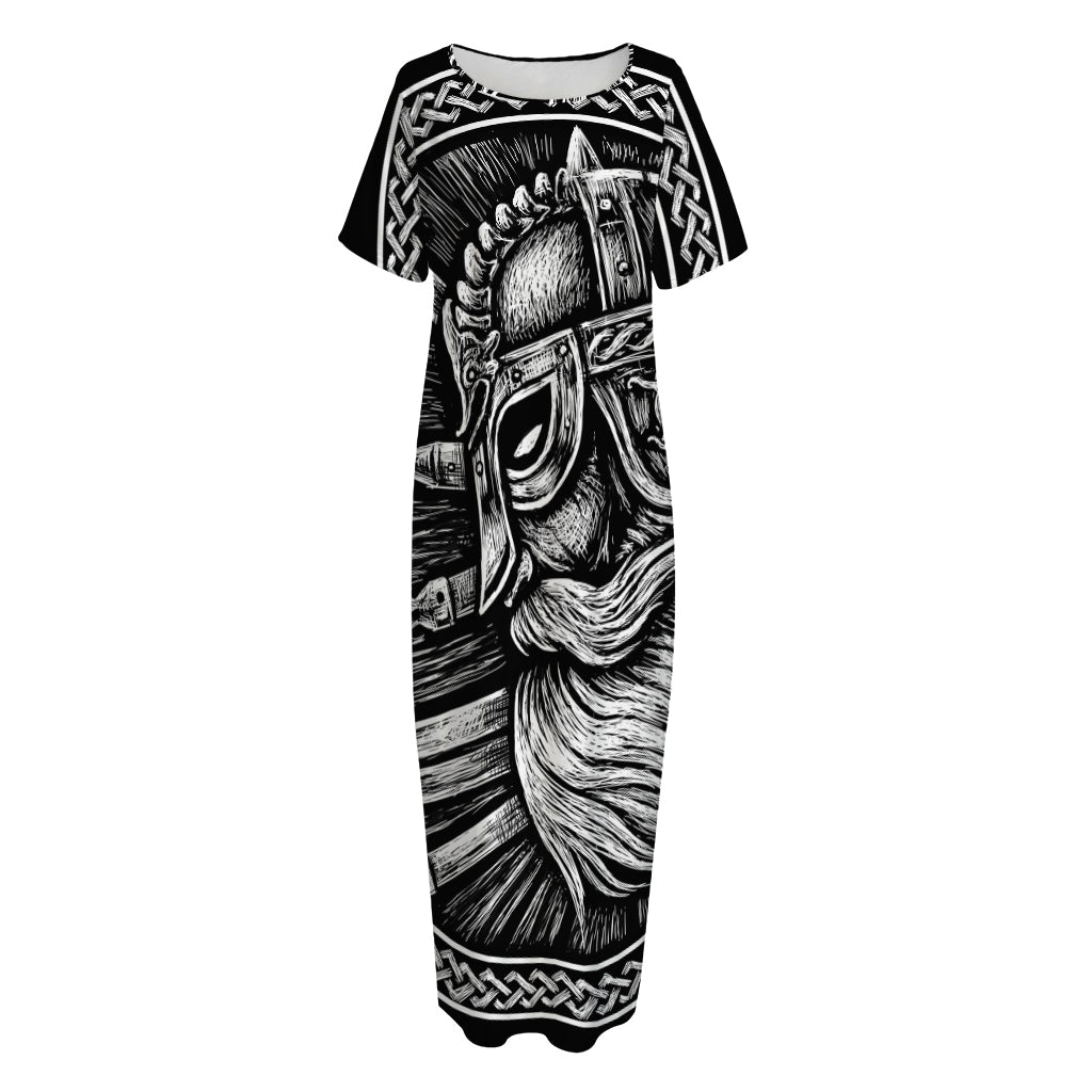 Black And White Viking God Odin Print Short Sleeve Long Nightdress