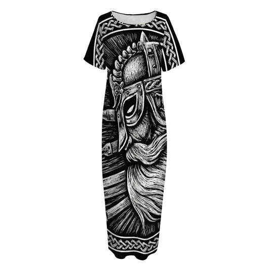 Black And White Viking God Odin Print Short Sleeve Long Nightdress