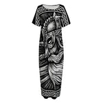 Black And White Viking God Odin Print Short Sleeve Long Nightdress
