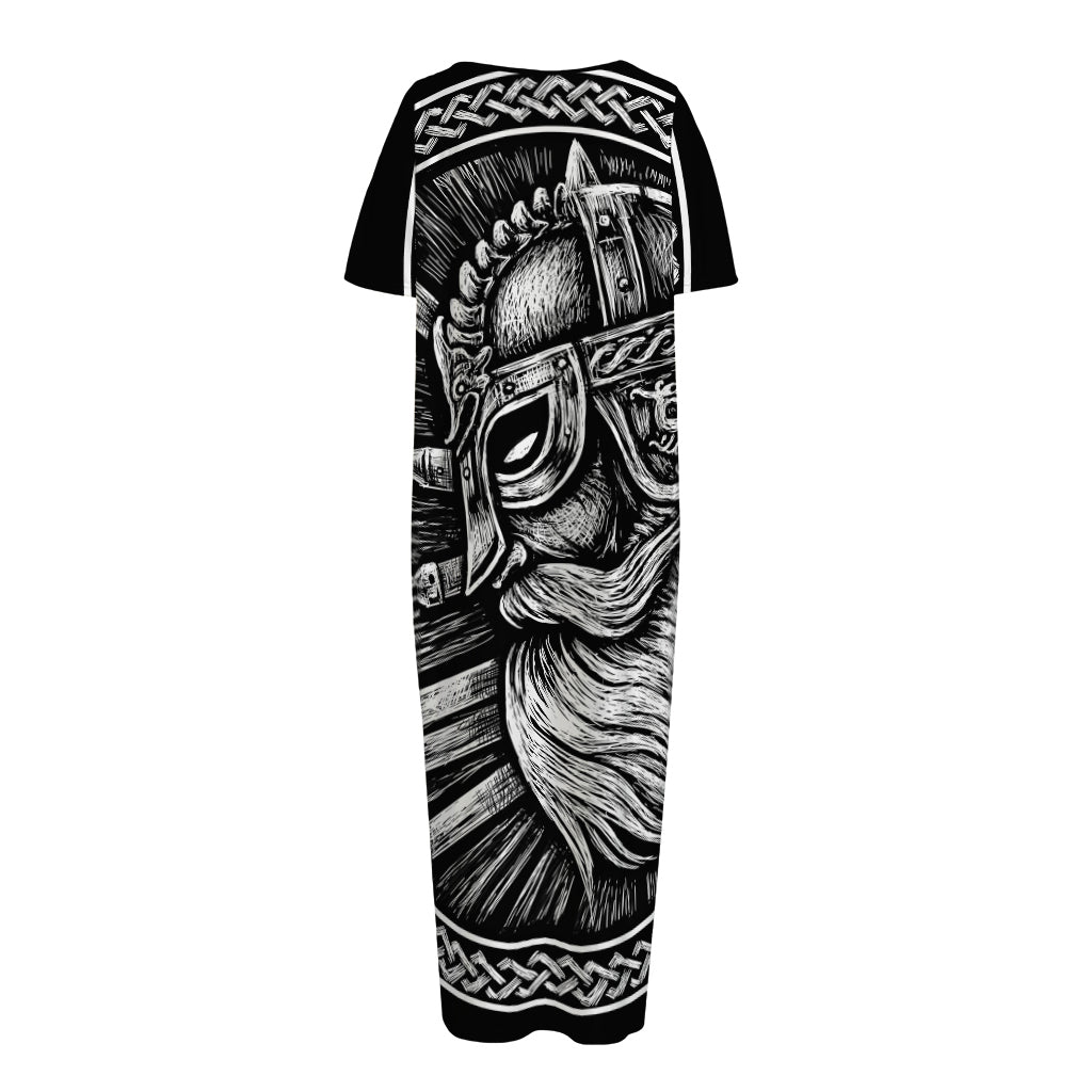 Black And White Viking God Odin Print Short Sleeve Long Nightdress